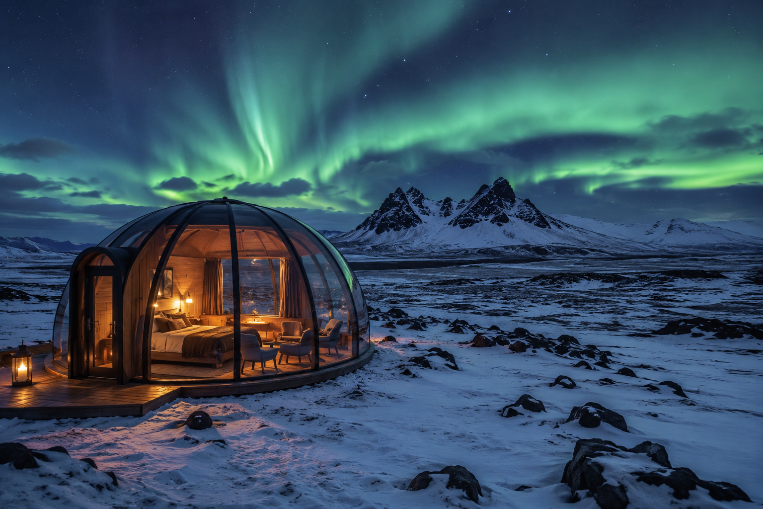 Glass dome under the northern lights, Iceland
