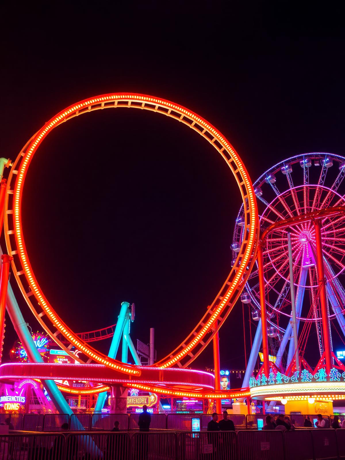 Neon roller coaster and ferris wheel at night