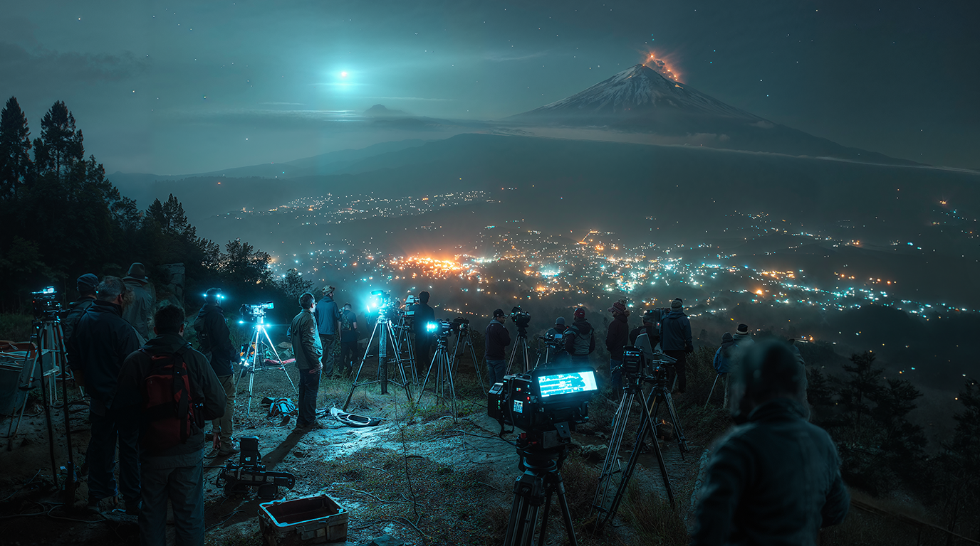 Equipo documental filmando actividad nocturna sobre el volcán
